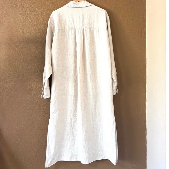 Caslon Linen Duster Long Sleeves Shirt Midi Dress Light Beige Tan Side Slit Sz M - Picture 3 of 11